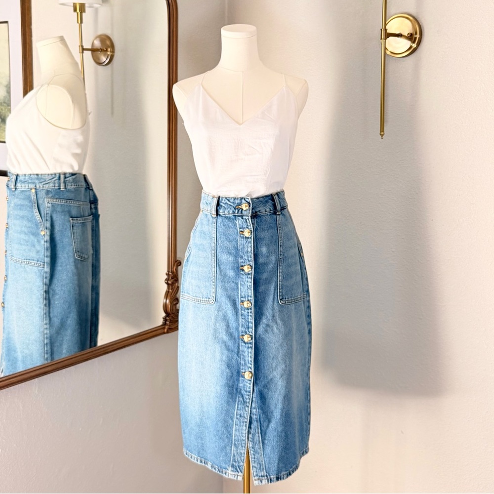 Michael Kors Denim Midi Skirt 4 Blue Button Front Gold Hardware Tencel Soft Vibe